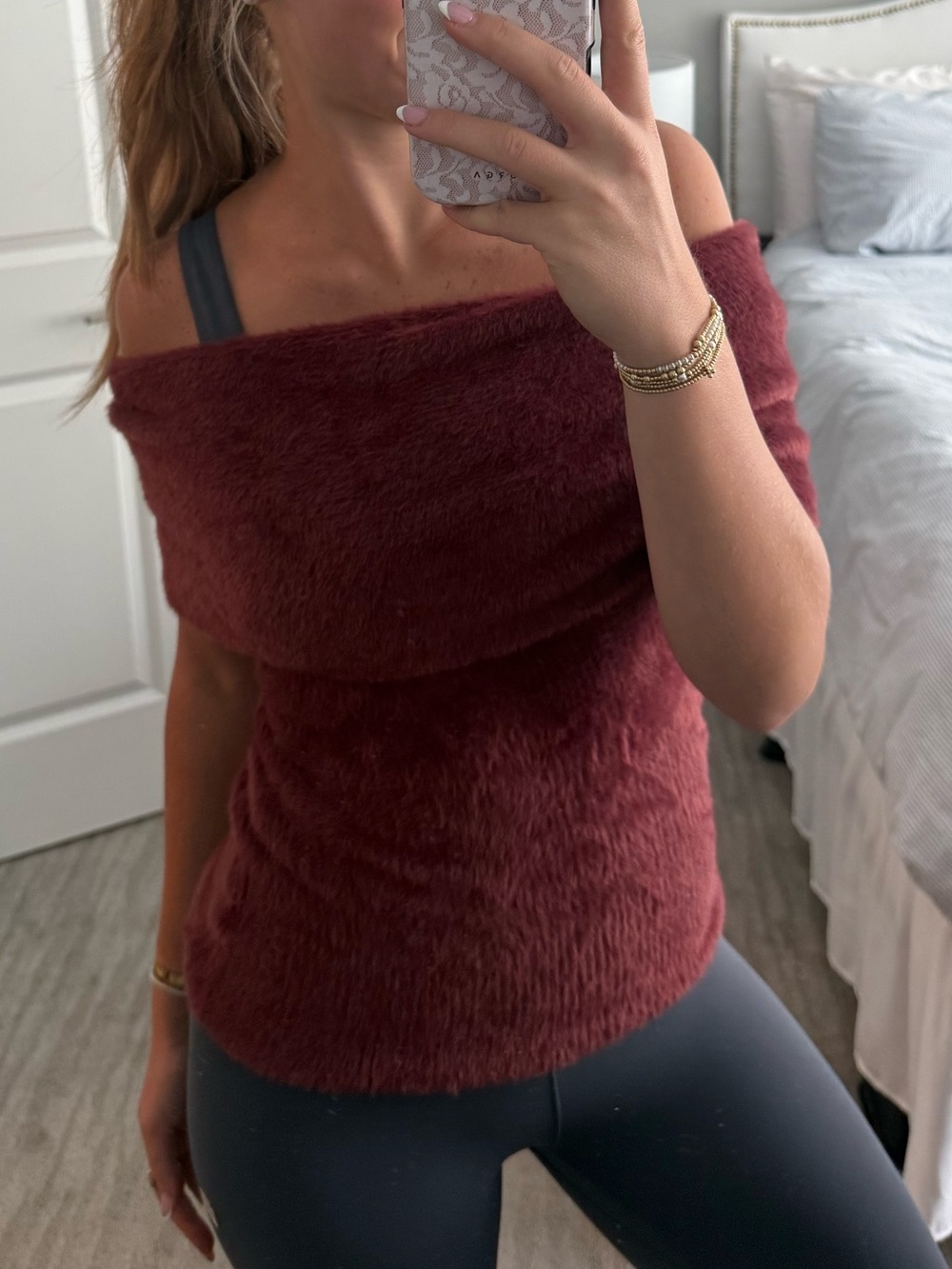 Free People Off-the-Shoulder Fuzzy Sweater Top - Burgundy